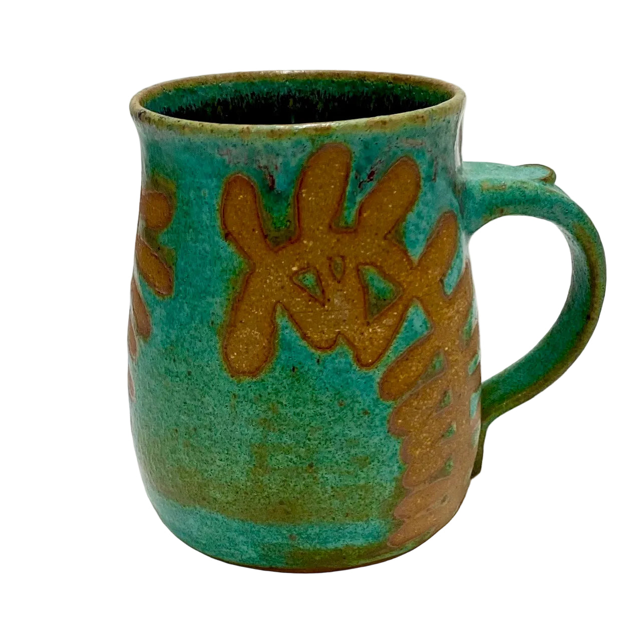 Turquoise mug with brown abstract designs on a white background