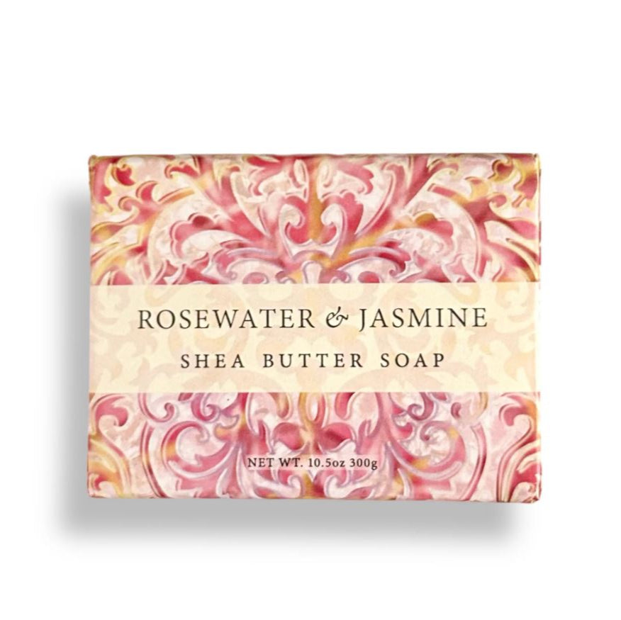Shea butter soap bar with rosewater and jasmine fragrance packaging on a white background