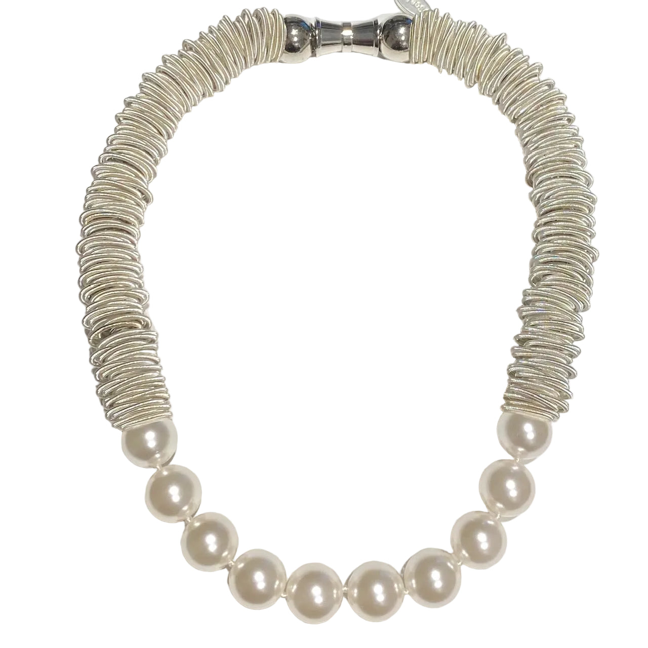 Necklace with pearls and silver wire wrapping on a white background