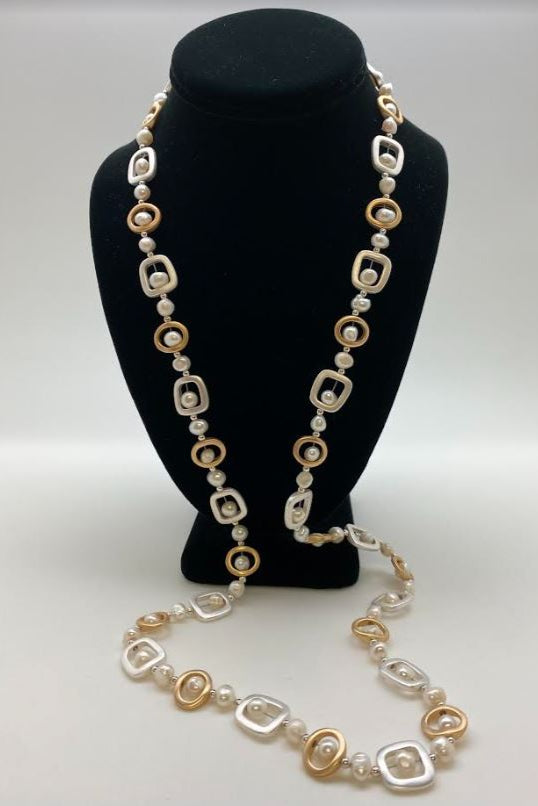 Silver & Gold Geometric with White Pearls Long Necklace