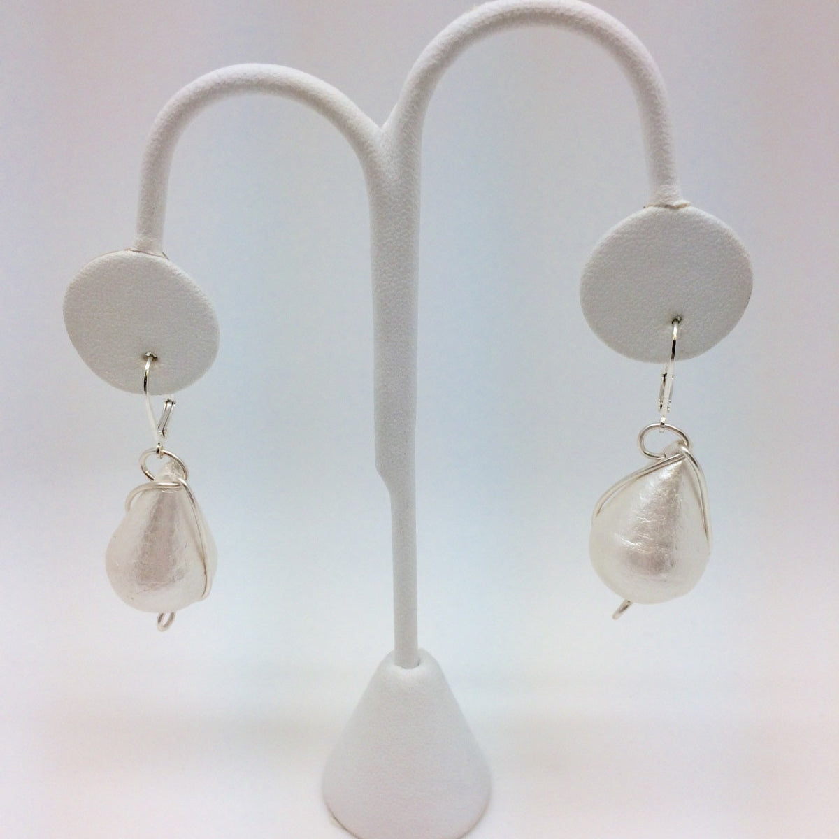 White Cotton Pear Drop with Silver Wire Earrings