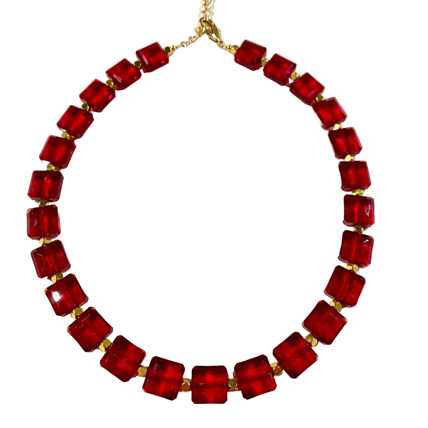 Necklace with red square beads on a white background