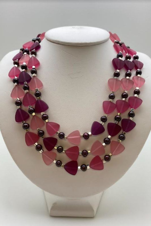 3-strand Rose Frosted Glass Triangle & Cultured Pearl Choker