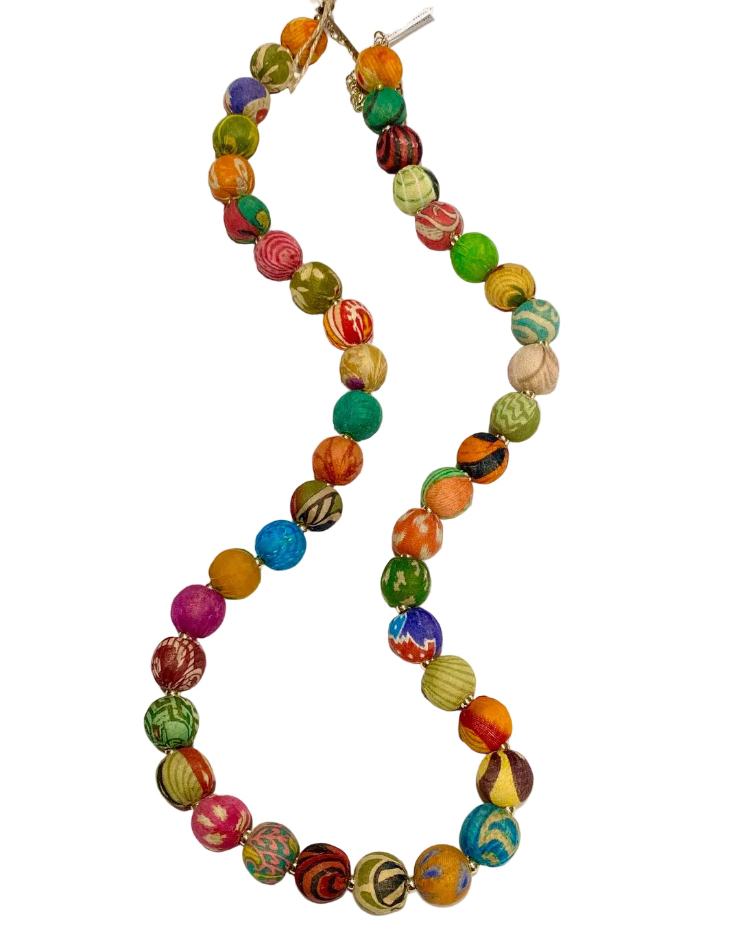 Colorful beaded necklace on a white background