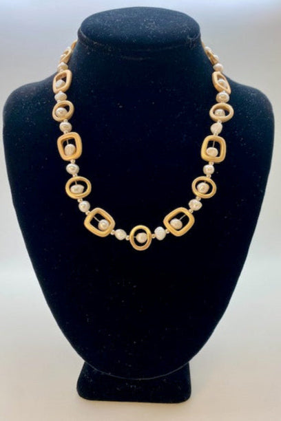 18 inch Gold Geometric Necklace with White Pearls