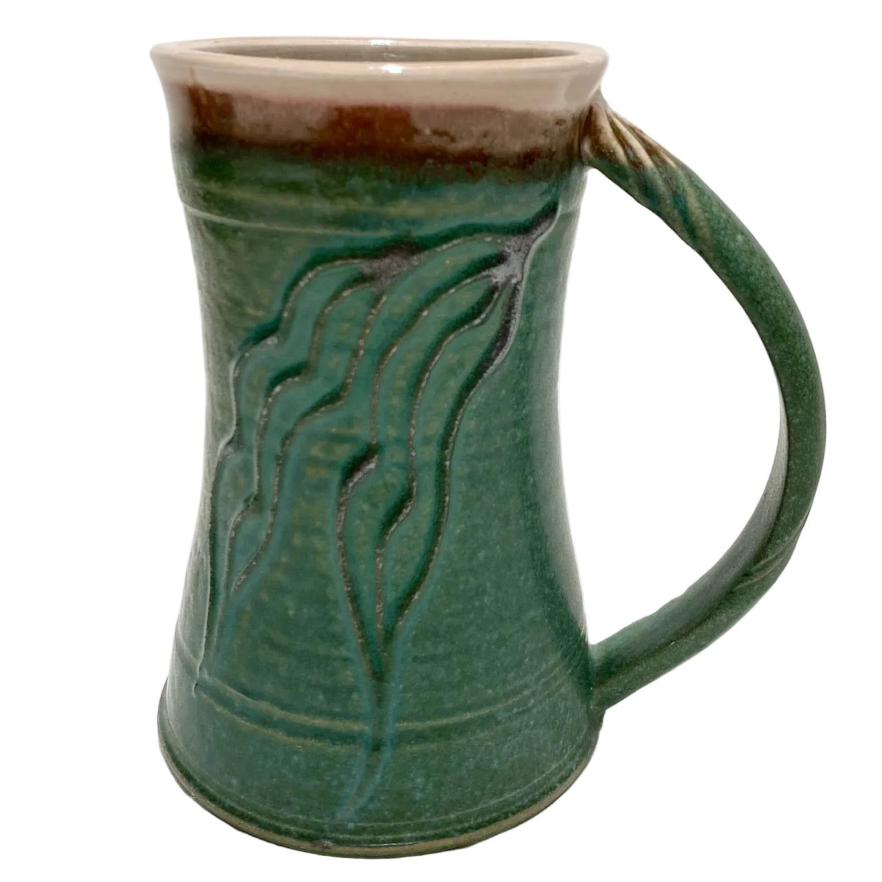Green ceramic mug with decorative handle on a white background