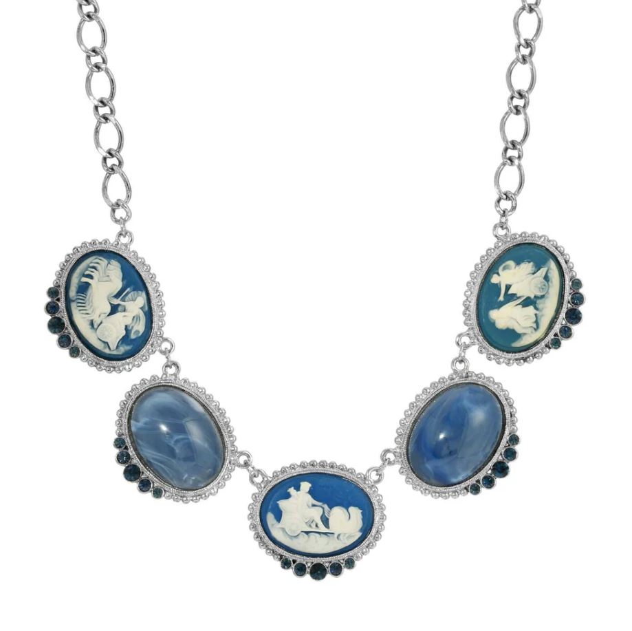 Roman Chariot Races Cameo Blue Stone Chain Necklace