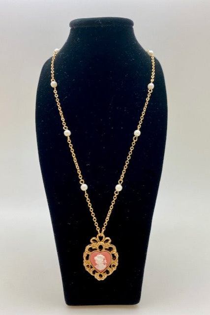Pink Cameo Heart Pendant Faux Pearl Necklace 24"L