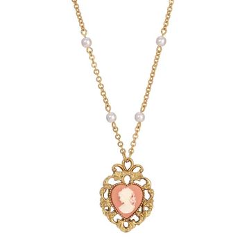 Pink Cameo Heart Pendant Faux Pearl Necklace 24"L