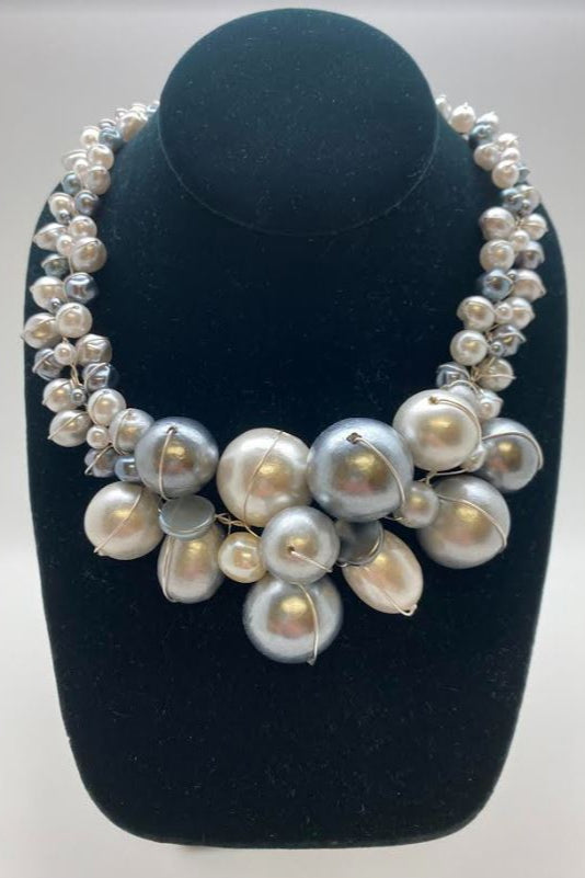 Greys/White Jumbo Cotton Ball Silver Wire Collar Necklace