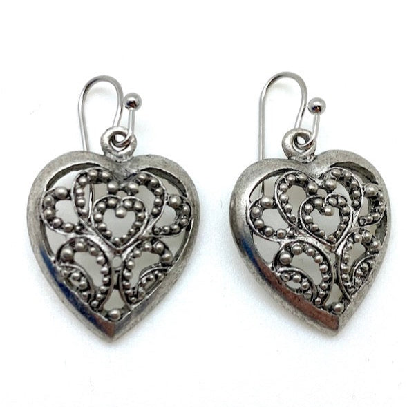 Silver Toned Filigree Heart Drop Earrings