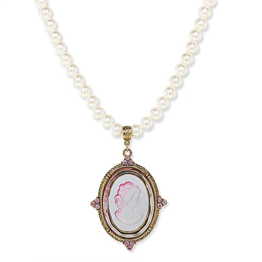 Crystal Oval Glass Intaglio 8mm Faux Pearl Strand Pendant Necklace 18"