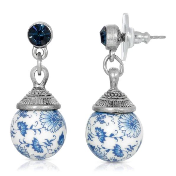 Blue Willow Round Beaded Post Drop Earrings