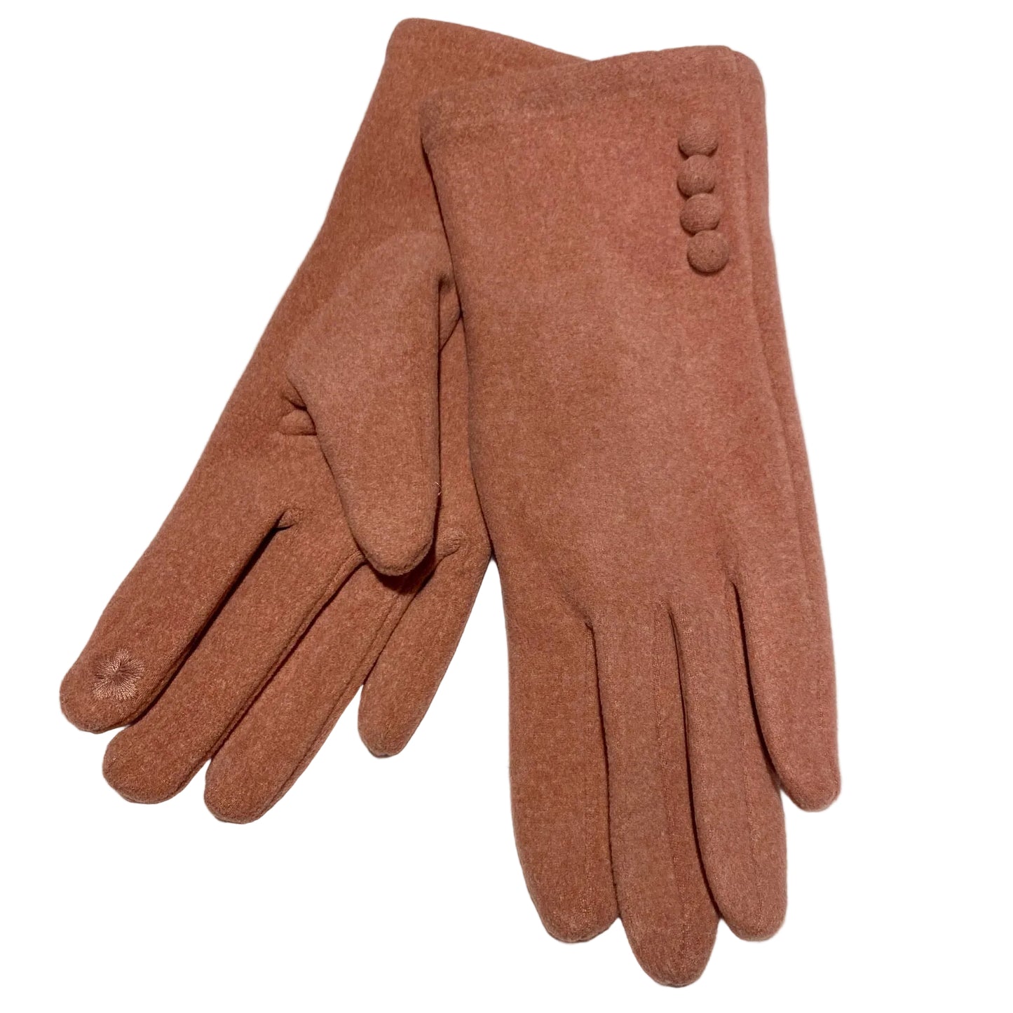 Pair of pink gloves with buttons on a light gray background