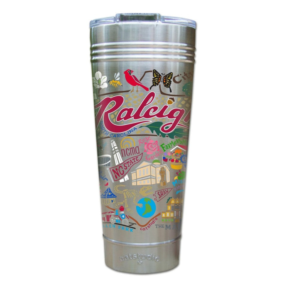 Silver tumbler with colorful graphics and 'Raleigh' text on a white background