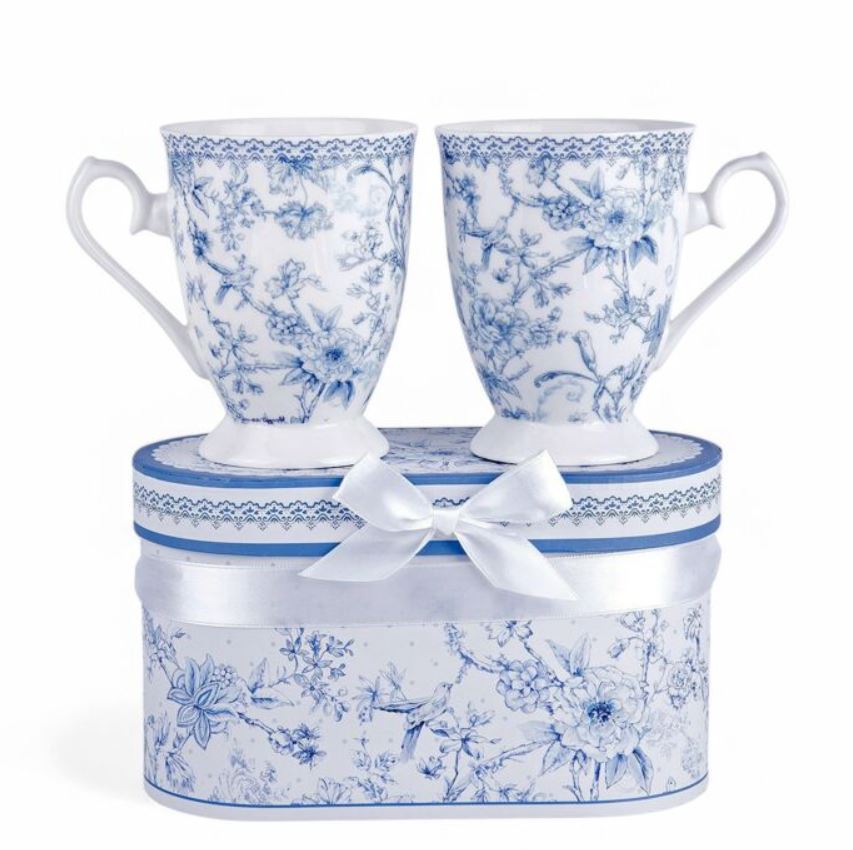 Blue Flowers New Bone China Mug Set of 2 in Gift Box