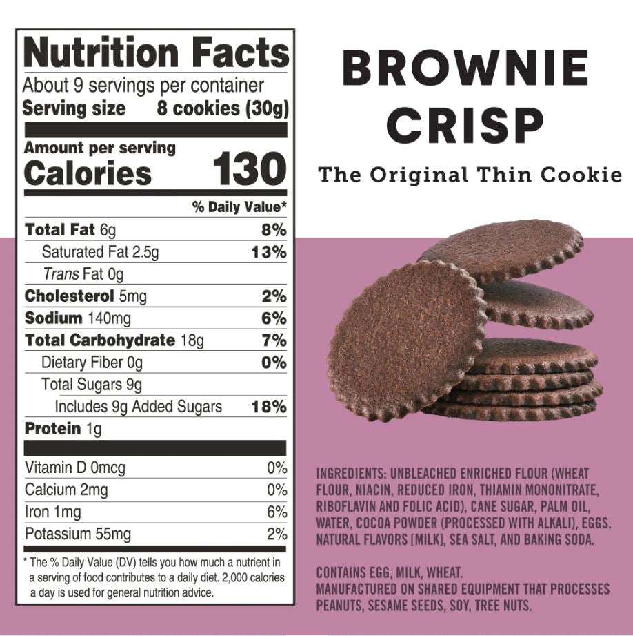 Nutrition facts label and packaging of Brownie Crisp cookies on a white background