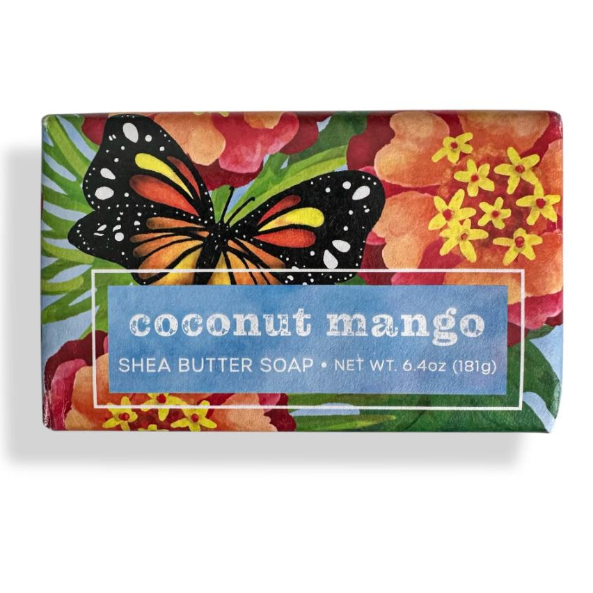 Coconut mango shea butter soap with butterfly and floral design on packaging