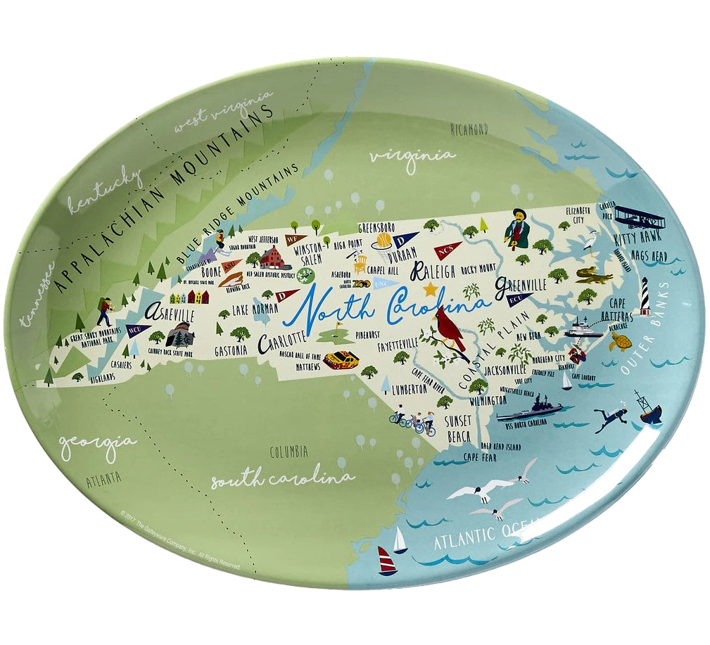 Decorative plate with a map of North Carolina on a white background
