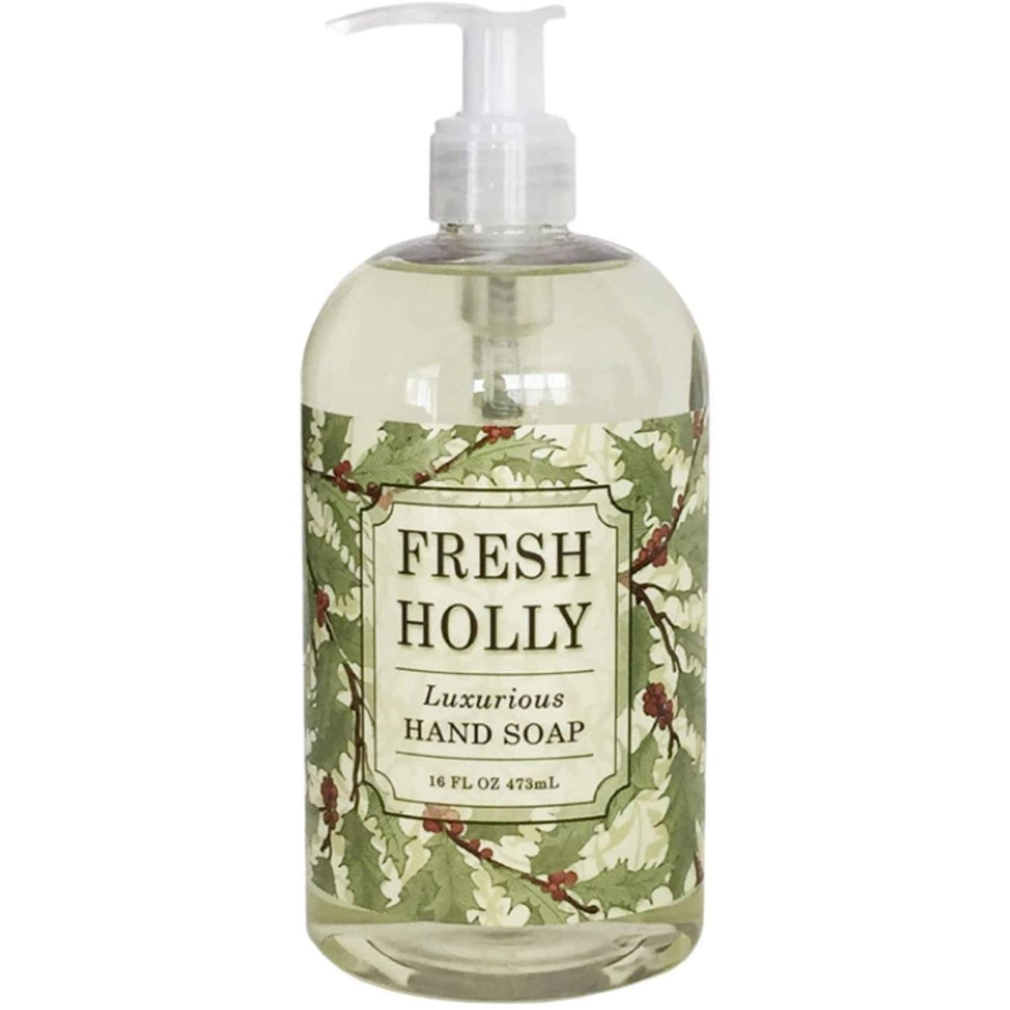 A 16 oz pump bottle of Fresh Holly luxurious hand soap with a label that features holly and evergreen branches.