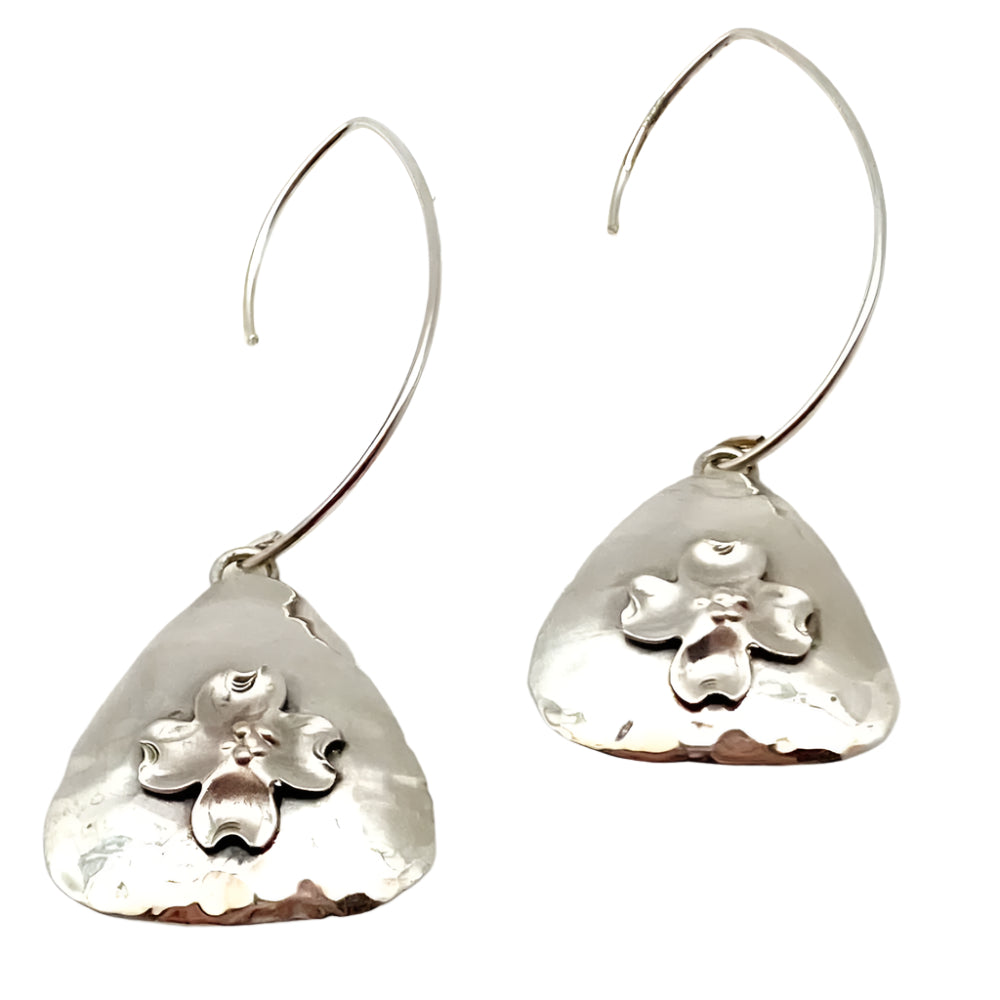 Hammered Silver Triangle with threaded Dogwood Dangle Earrings