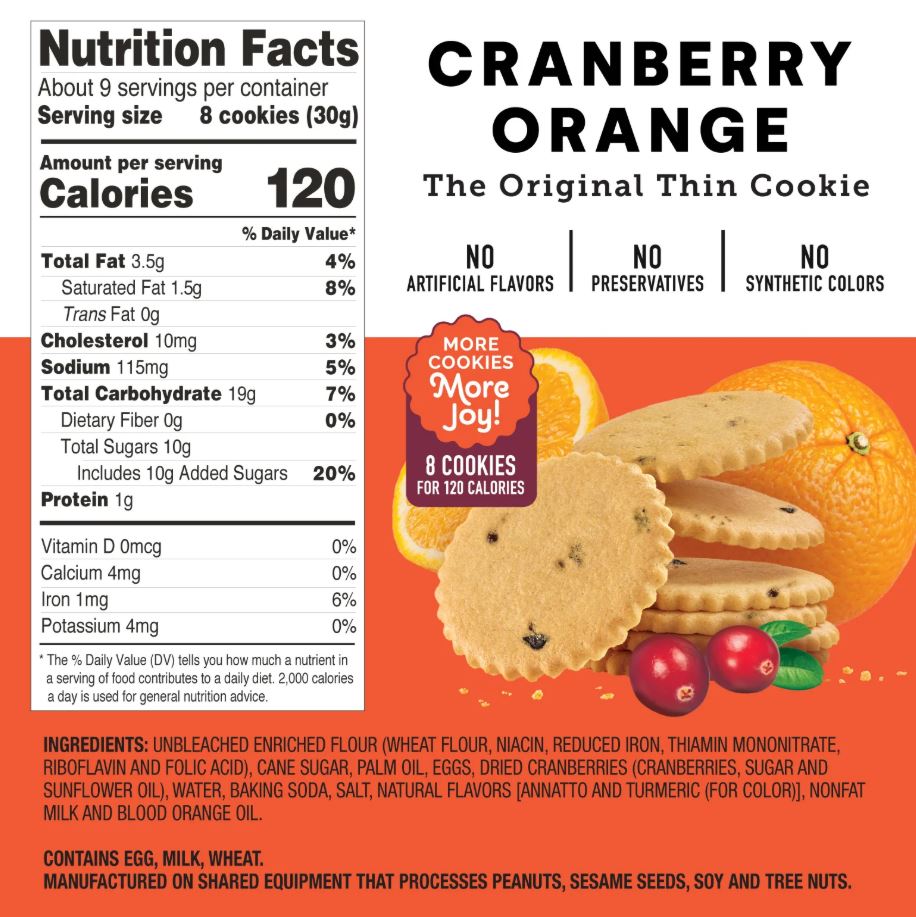 Nutrition facts label and packaging of Cranberry Orange cookies with an orange background.