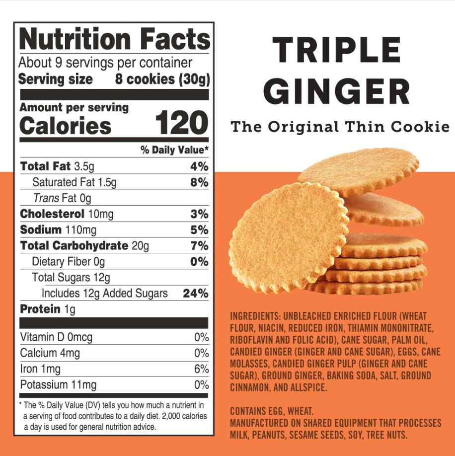 Nutrition label for 'Triple Ginger' cookies with a stack of cookies on an orange background.