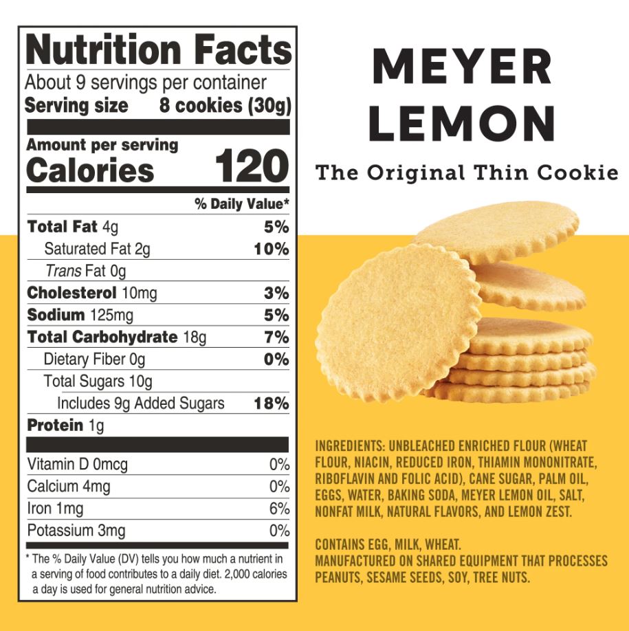 Nutrition facts label for Meyer Lemon cookies with a stack of cookies on a yellow background.