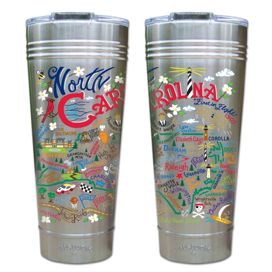 Two stainless steel tumblers with colorful designs on a white background