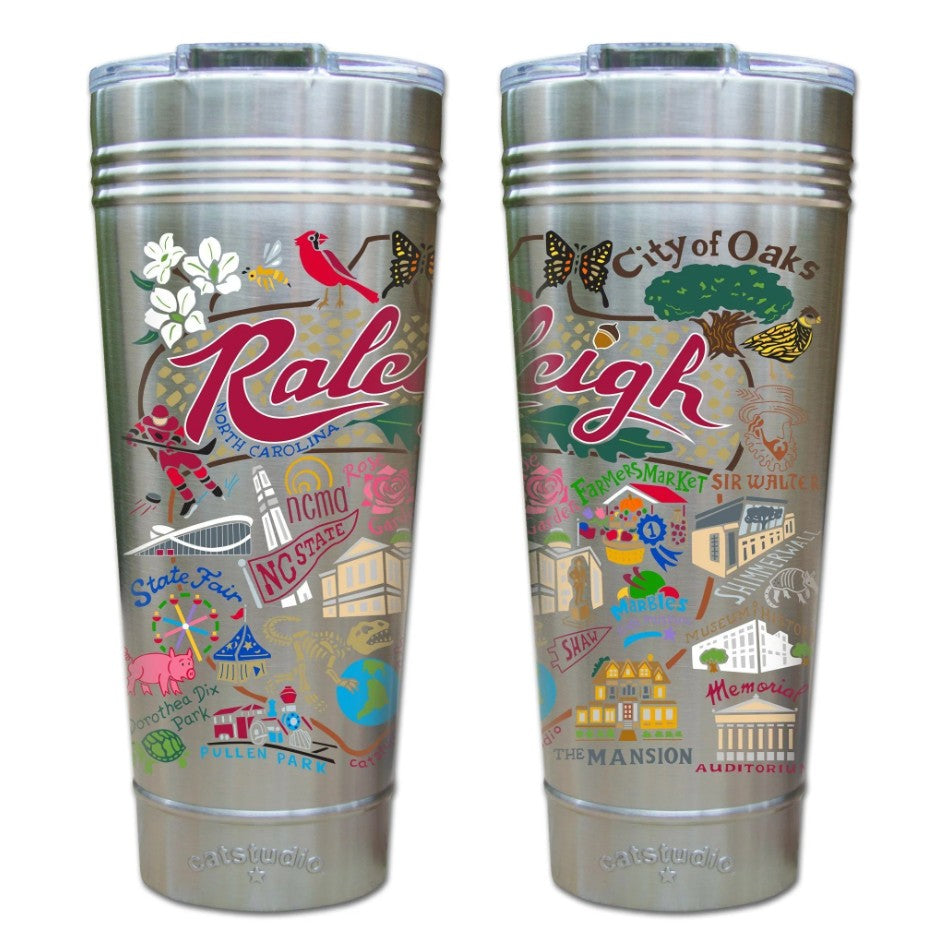 Two stainless steel tumblers with colorful designs and text on a white background