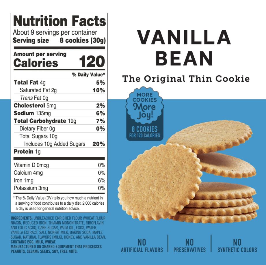 Vanilla bean cookie packaging with nutrition facts label and cookies on a blue background