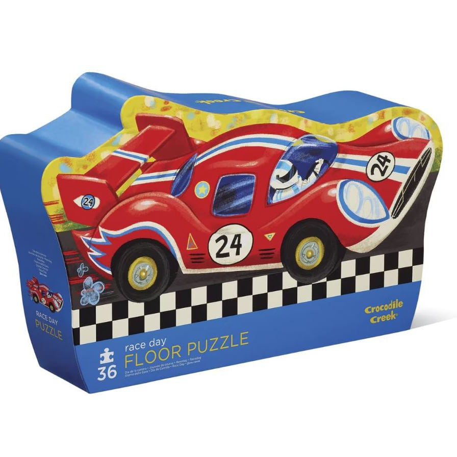 A 36-piece floor puzzle box by Crocodile Creek featuring a colorful illustration of a red race car with the number 24 on a blue and yellow package.