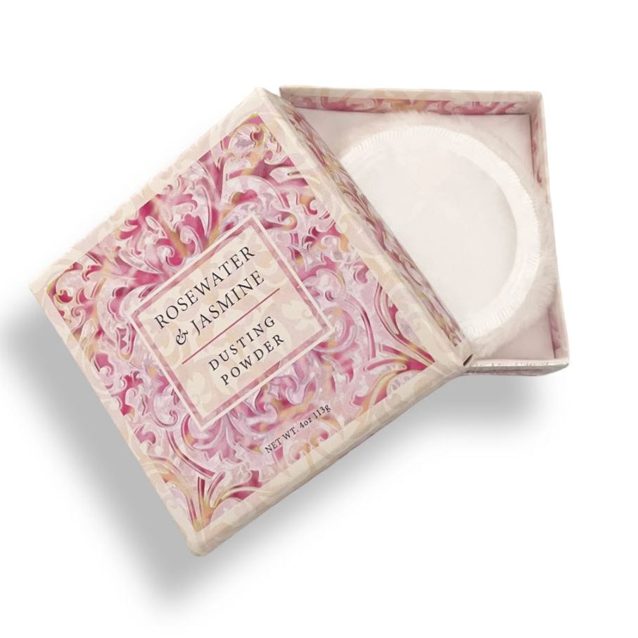 Rosewater & Jasmine dusting powder in a decorative box on a white background