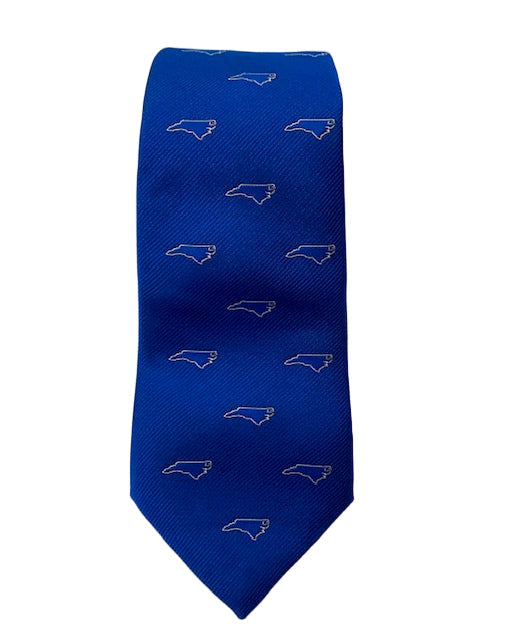 Blue tie with white state outline pattern on a beige background