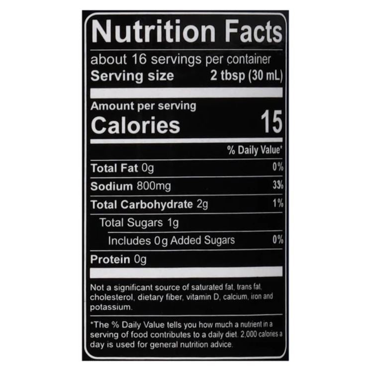 Nutrition facts label for a product with serving size, calories, fat, sodium, carbs, sugars, and protein information.