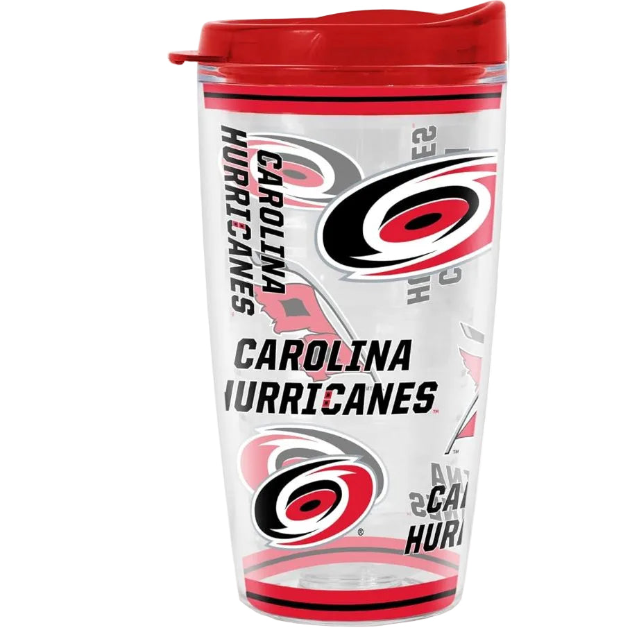 Carolina Hurricanes tumbler with red lid and logo on a white background