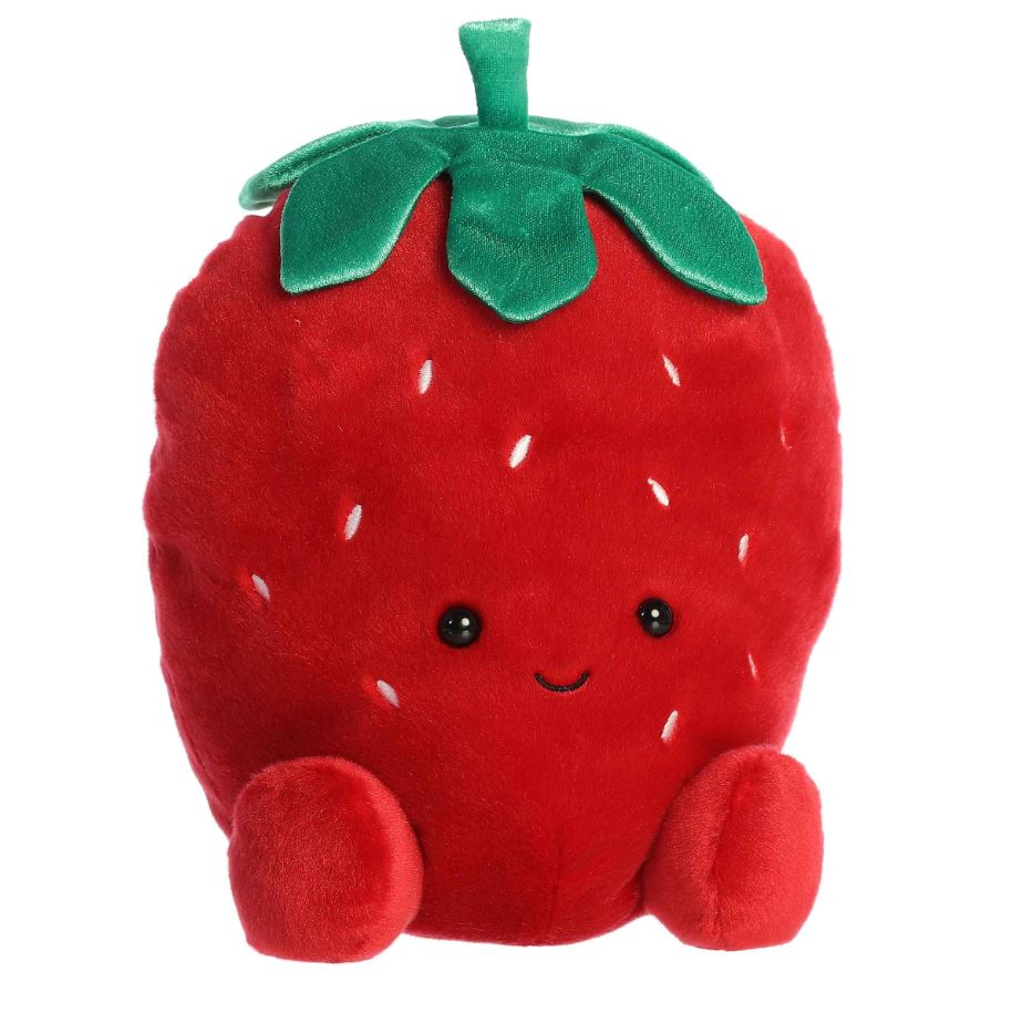 Plush strawberry toy with a smiling face on a white background