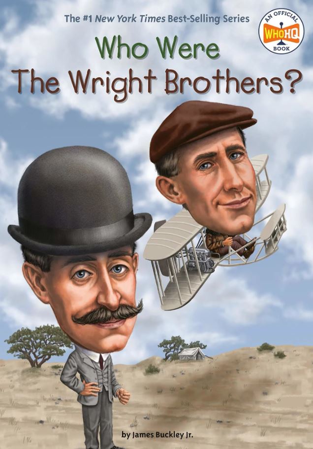 Book cover of 'Who Were The Wright Brothers?' with caricatures of Orville and Wilbur Wright against a sky background.