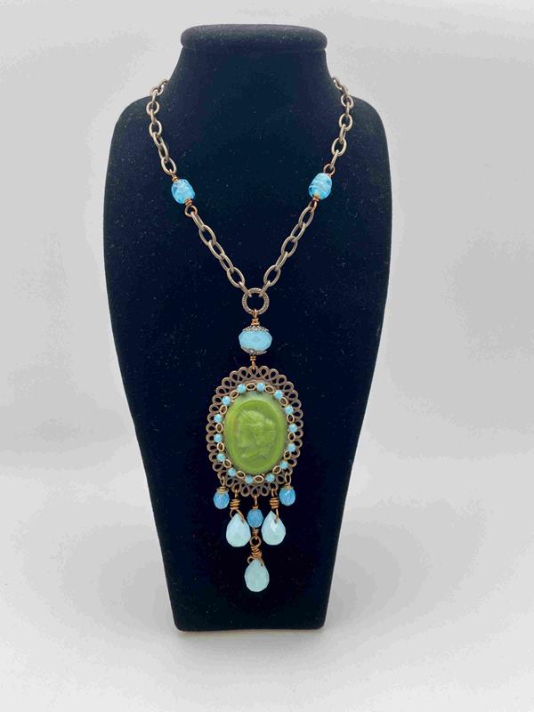 Green Vintage Glass Cameo Necklace