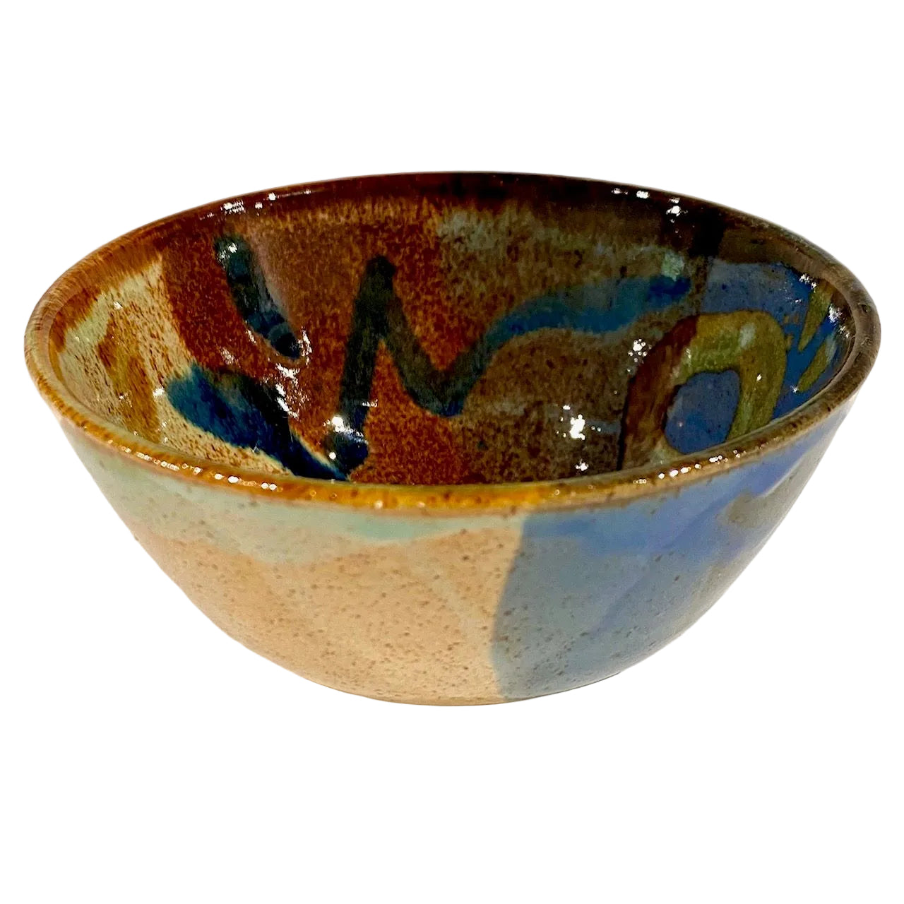 Ceramic bowl with multicolored glaze on a white background