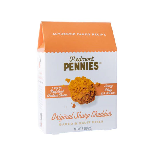 Box of Piedmont Pennies Original Sharp Cheddar Baked Biscuit Bites on a white background