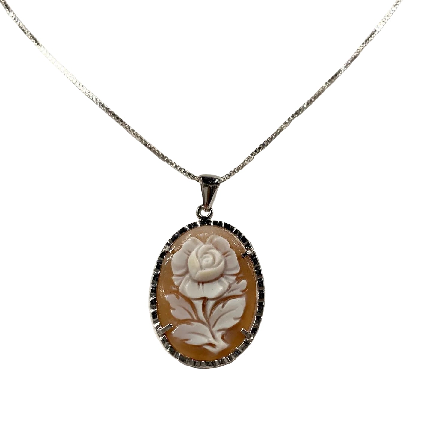 Necklace with a pendant featuring a rose design on a white background