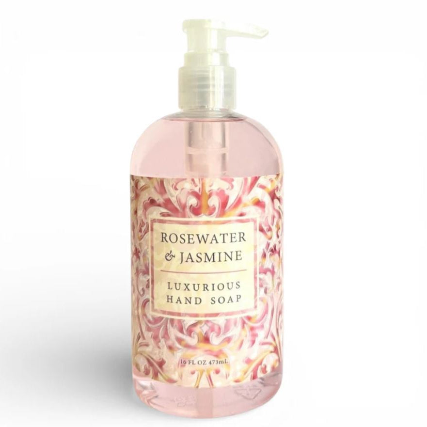 Bottle of Rosewater & Jasmine luxurious hand soap on a white background