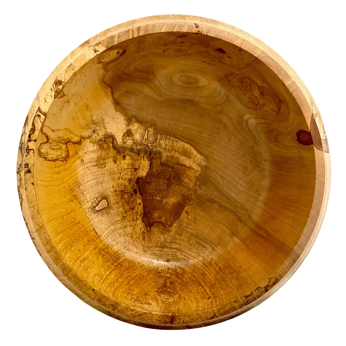 A top-down view of a handcrafted wooden bowl with rich, swirling natural grain patterns in warm golden-brown and amber tones, set against a plain off-white background.