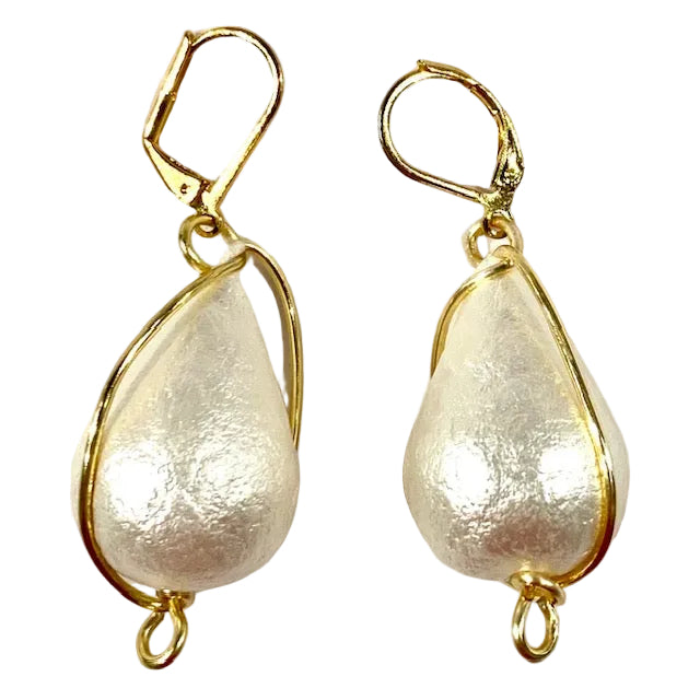 White Cotton Pear Drop with Gold Wire Earrings