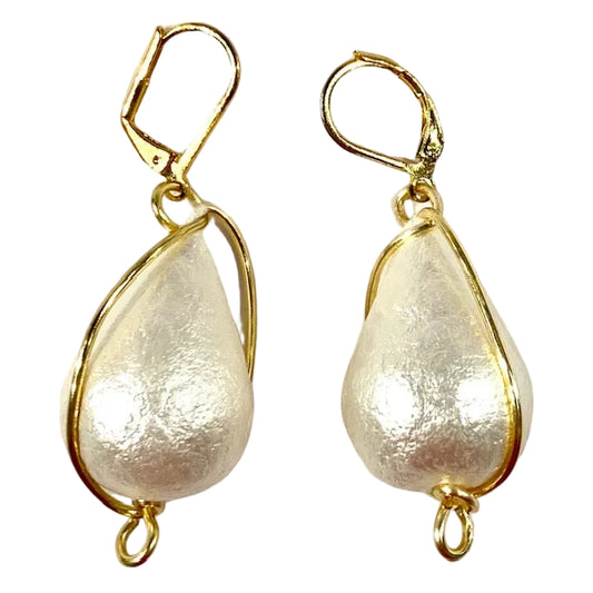 White Cotton Pear Drop with Gold Wire Earrings