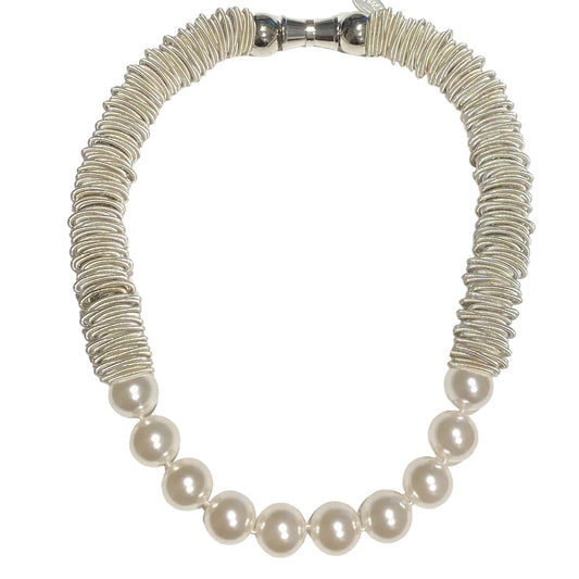 Necklace with pearls and silver wire wrapping on a white background
