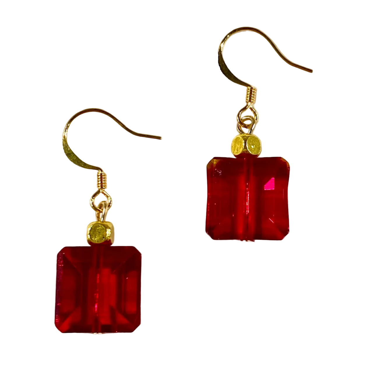 Red square earrings with gold hooks on a white background