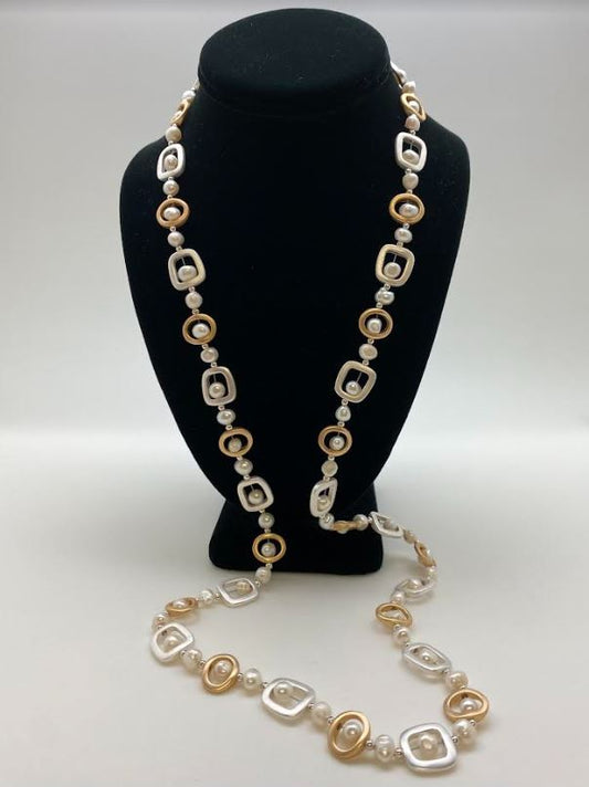 Silver & Gold Geometric with White Pearls Long Necklace