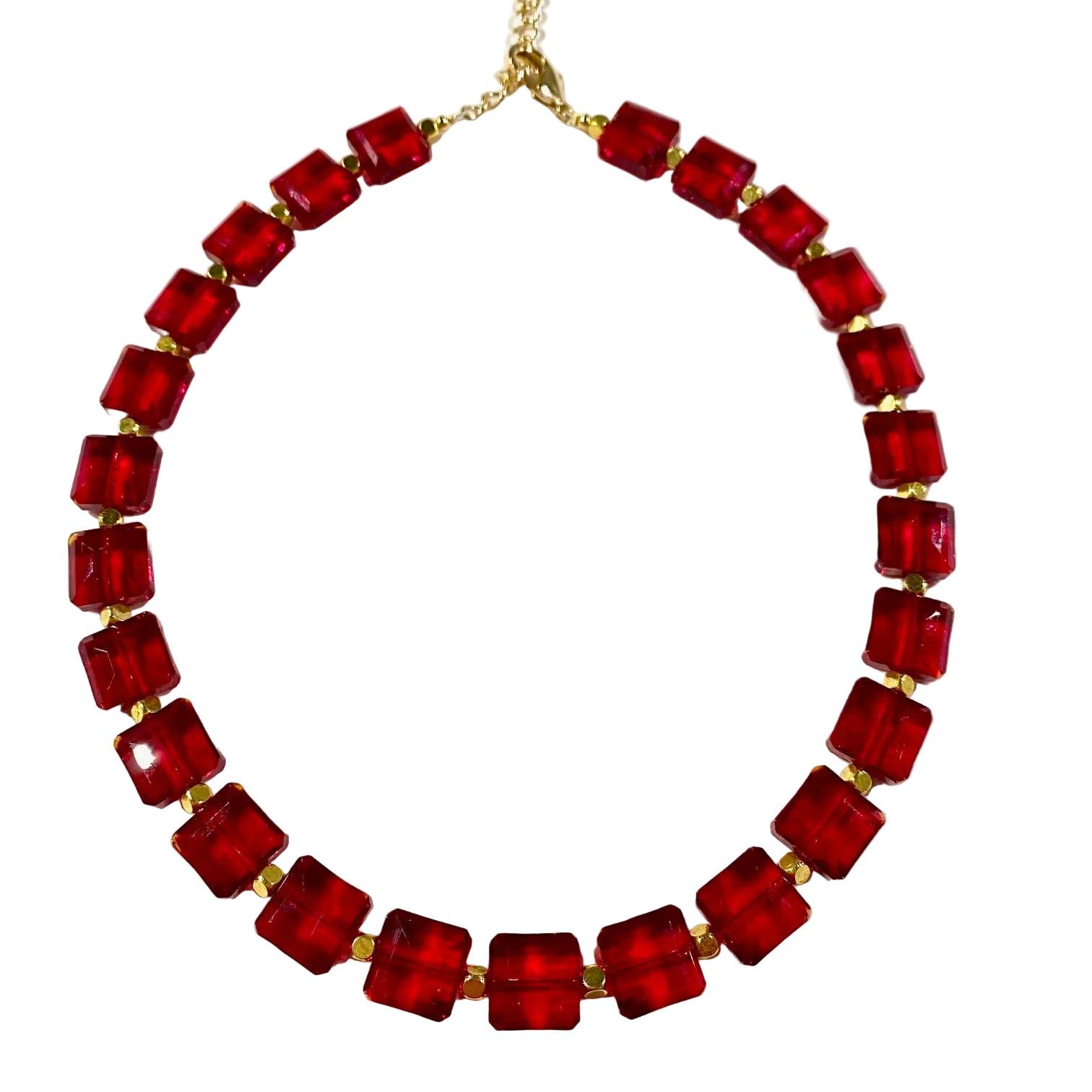 Necklace with red square beads on a white background